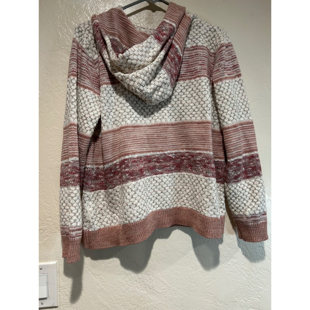 Lety & Me Womens XL Striped Popcorn Knit Hooded Sweater Mauve Pink Cream Boho